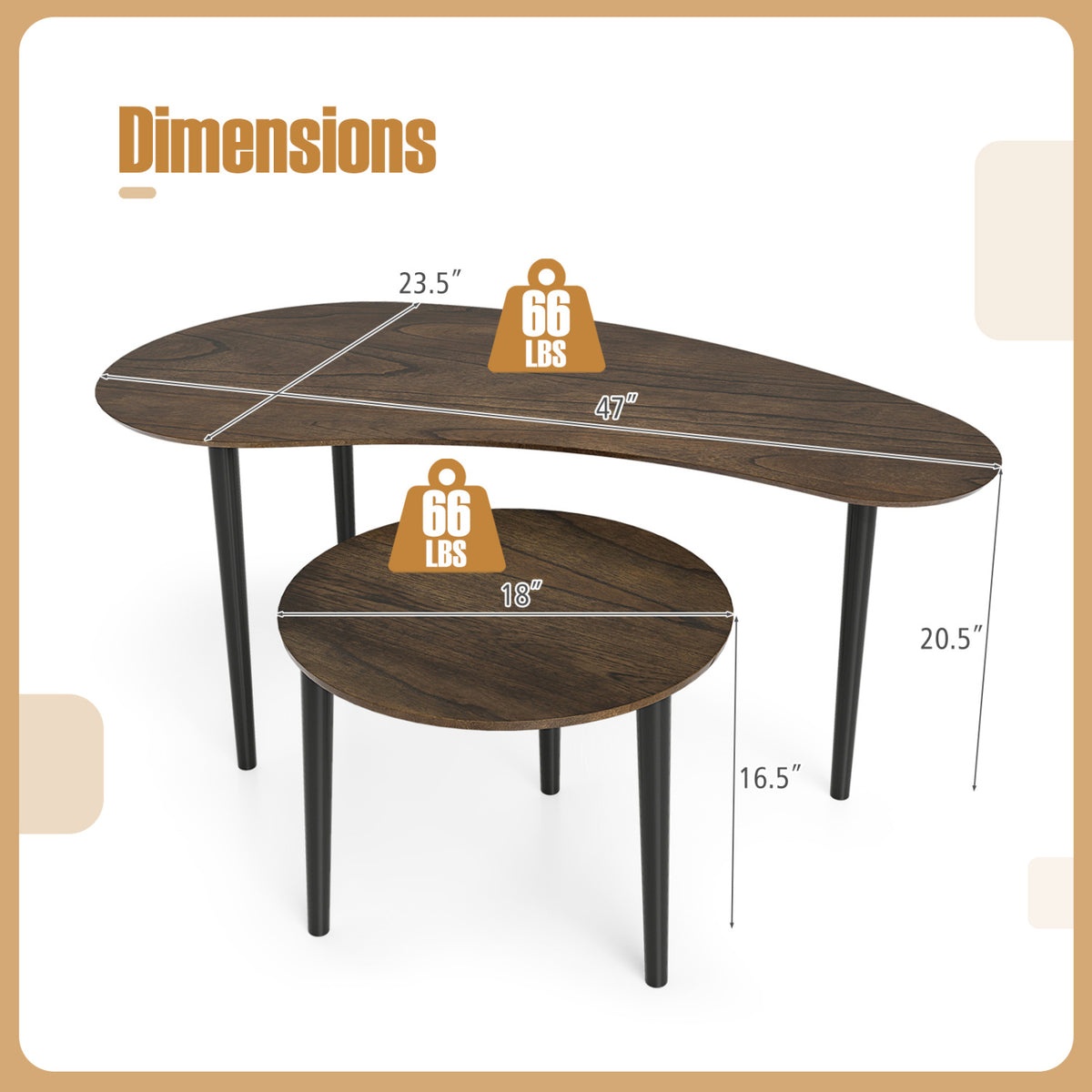 2 Pieces Mid Century Nesting Tables with Rubber Wood Legs-Walnut