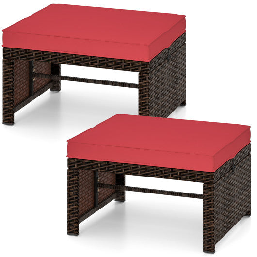 Multipurpose Outdoor 2 Pieces Patio PE Rattan Ottomans Footstool-Red