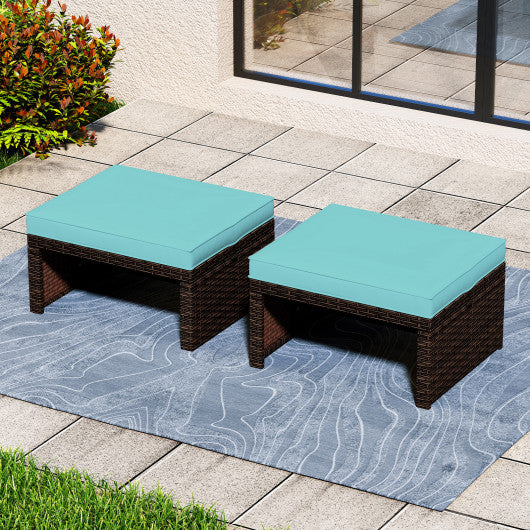Multipurpose Outdoor 2 Pieces Patio PE Rattan Ottomans Footstool-Turquoise