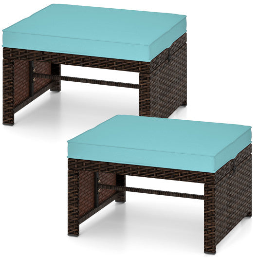 Multipurpose Outdoor 2 Pieces Patio PE Rattan Ottomans Footstool-Turquoise