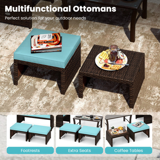 Multipurpose Outdoor 2 Pieces Patio PE Rattan Ottomans Footstool-Turquoise