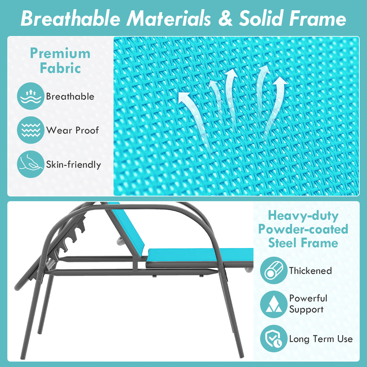 2 Pieces Outdoor Patio Lounge Chair Chaise Fabric with Adjustable Reclining Armrest-Turquoise