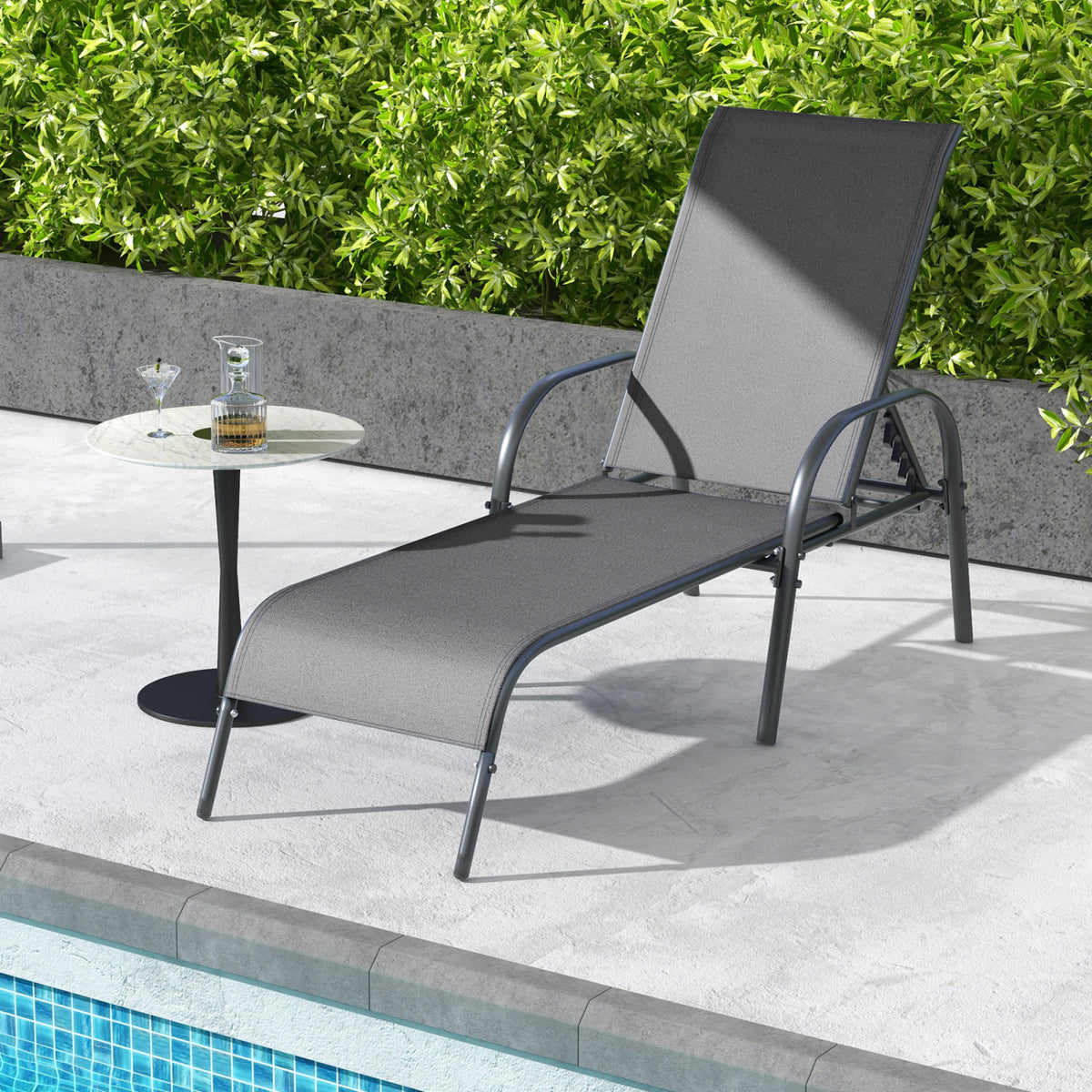 2 Pieces Outdoor Patio Lounge Chair Chaise Fabric with Adjustable Reclining Armrest-Dark Gray