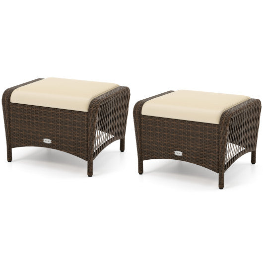 Set of 2 Outdoor Patio PE Wicker Ottomans with Removable Cushions-Beige