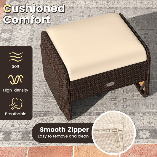 2 Pieces Outdoor Patio PE Wicker Ottomans with Removable Cushions-Brown