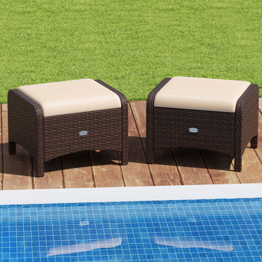 2 Pieces Outdoor Patio PE Wicker Ottomans with Removable Cushions-Beige