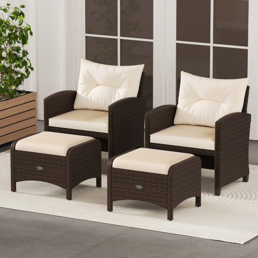 2 Pieces Outdoor Patio PE Wicker Ottomans with Removable Cushions-Beige