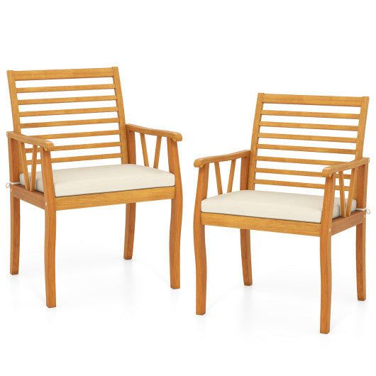 2 Pieces Patio Dining Chairs Outdoor Acacia Wood Armchairs Bistro Conversation Furniture-White