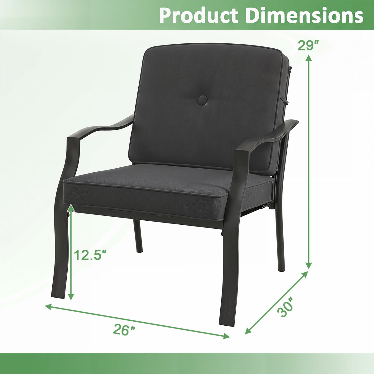 2 Pieces Patio Metal Chairs with Seat and Back Cushions for Yard-Black