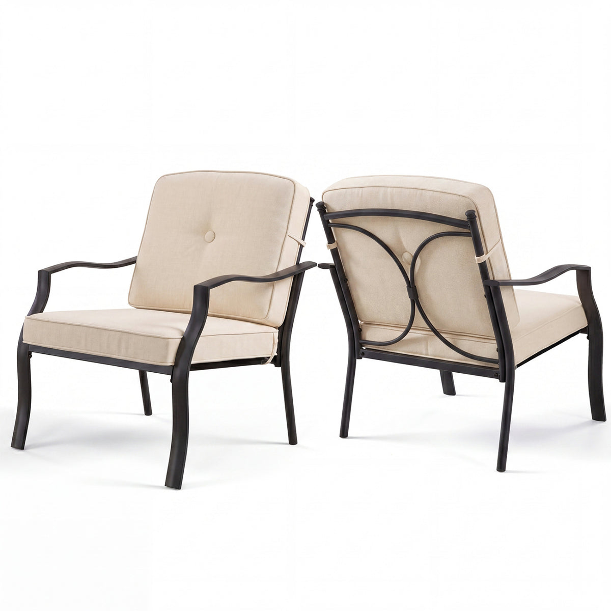 2 Pieces Patio Metal Chairs with Seat and Back Cushions for Yard-Beige