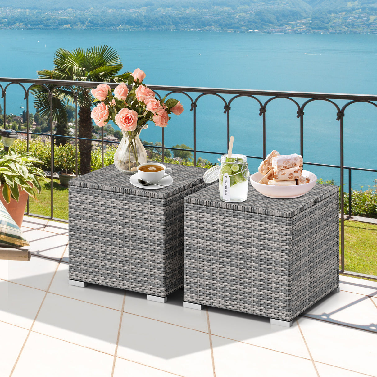 2 Pieces Patio Ottoman with Hidden Storage Space-Mix Grey-black