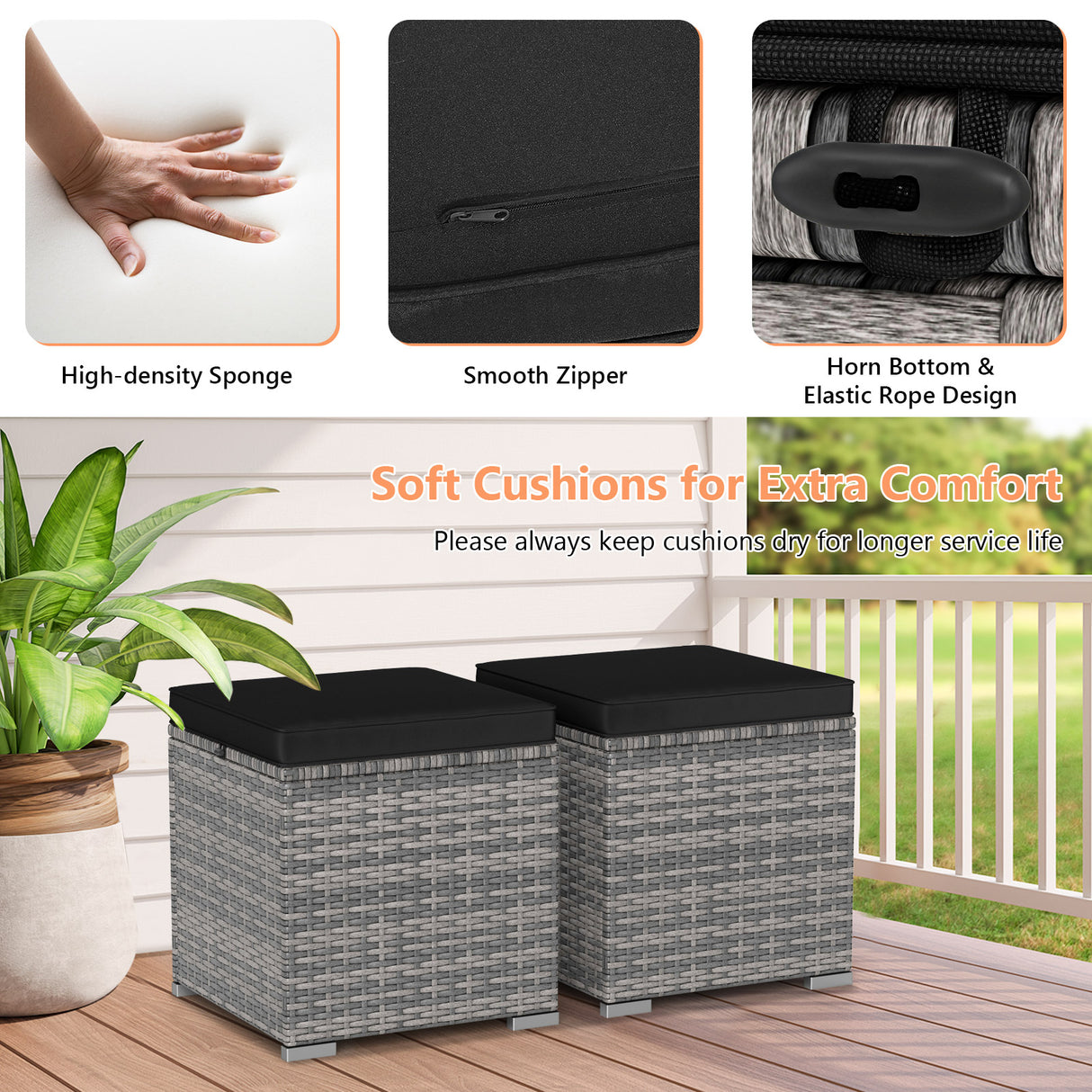 2 Pieces Patio Ottoman with Hidden Storage Space-Mix Grey-black