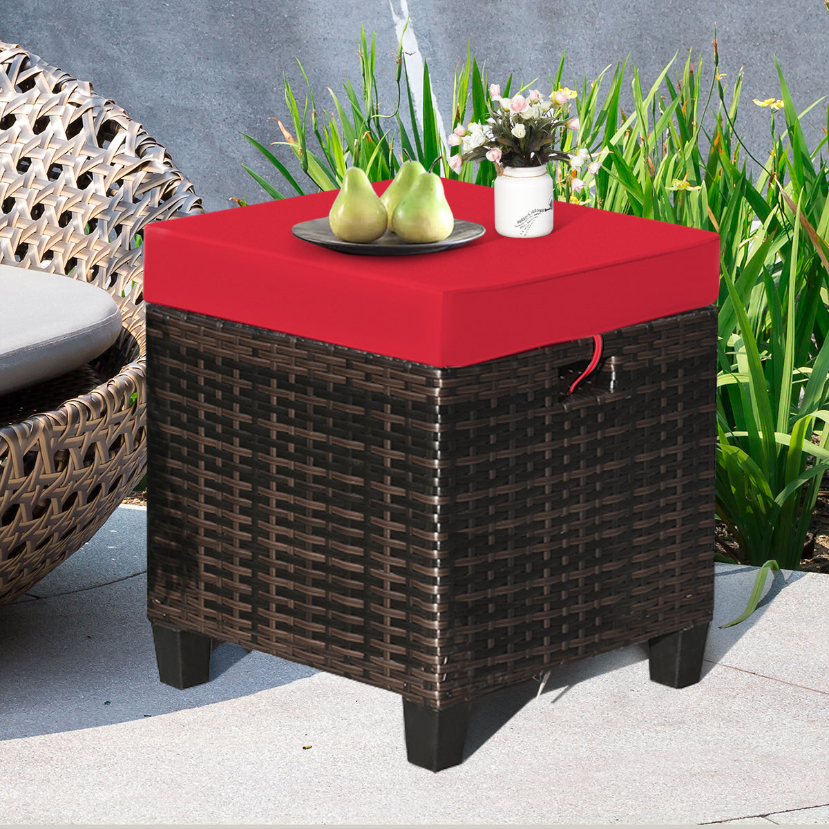 2 Pieces Patio Rattan Ottoman Set with Removable Cushions-Beige