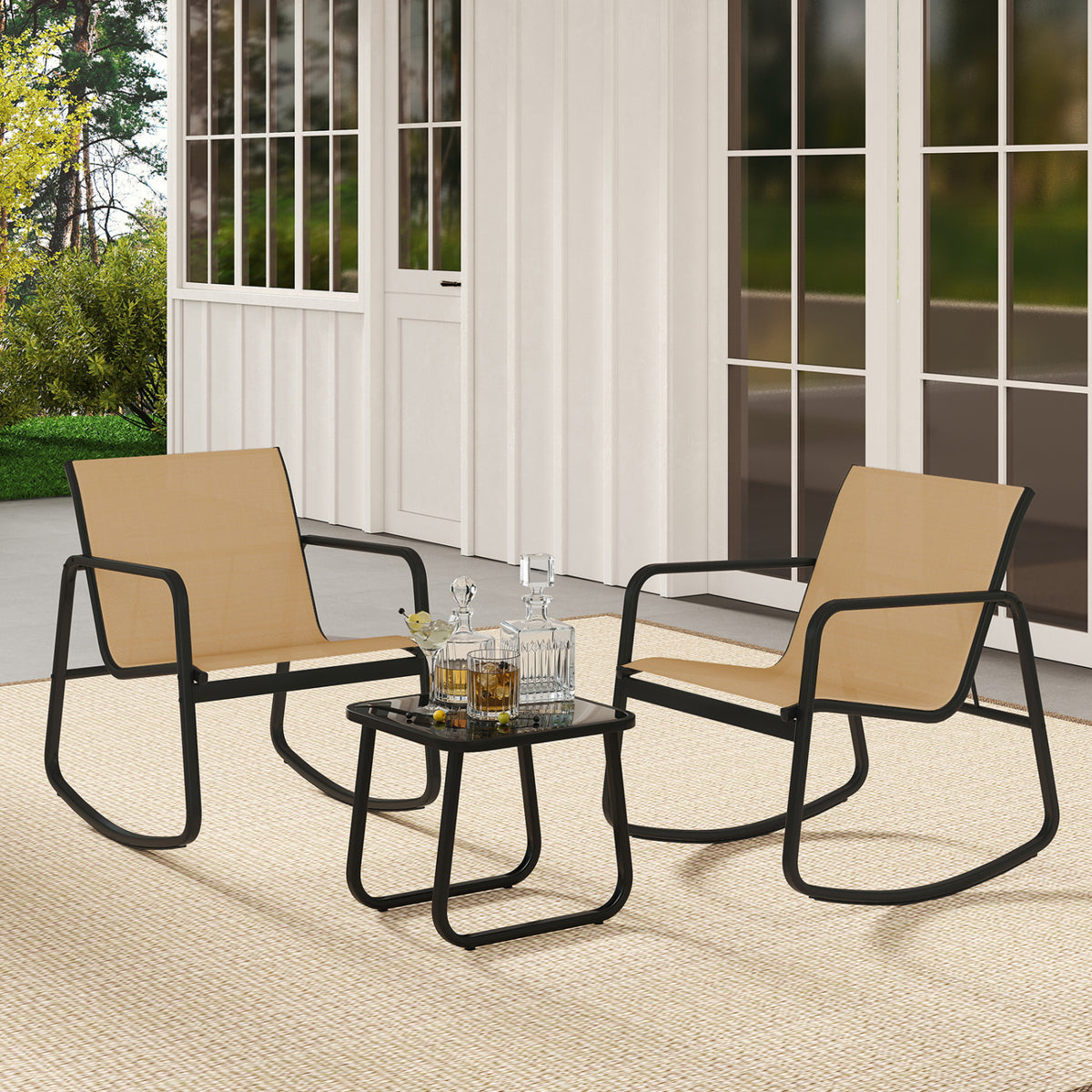 2 Rocking Bistro Chairs and Glass-Top Table for Porch Yard Balcony-Brown