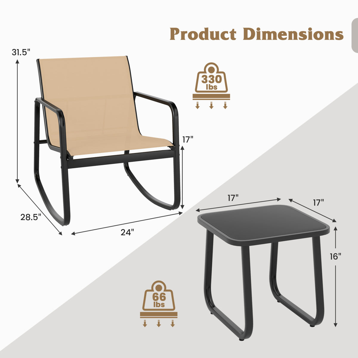 2 Rocking Bistro Chairs and Glass-Top Table for Porch Yard Balcony-Brown