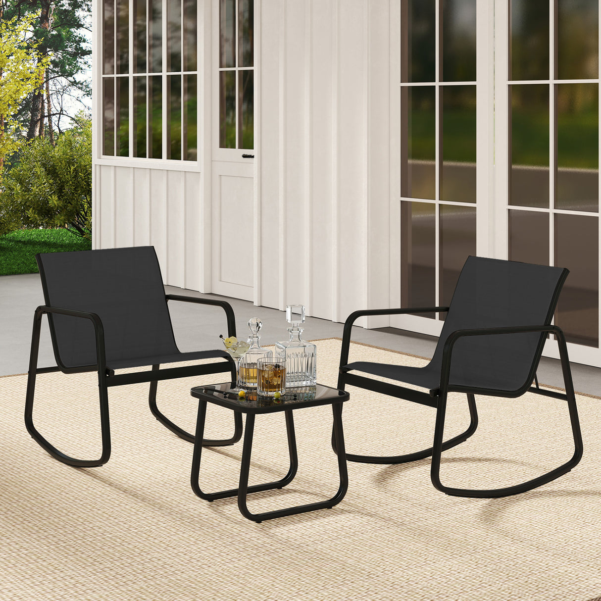 2 Rocking Bistro Chairs and Glass-Top Table for Porch Yard Balcony-Black