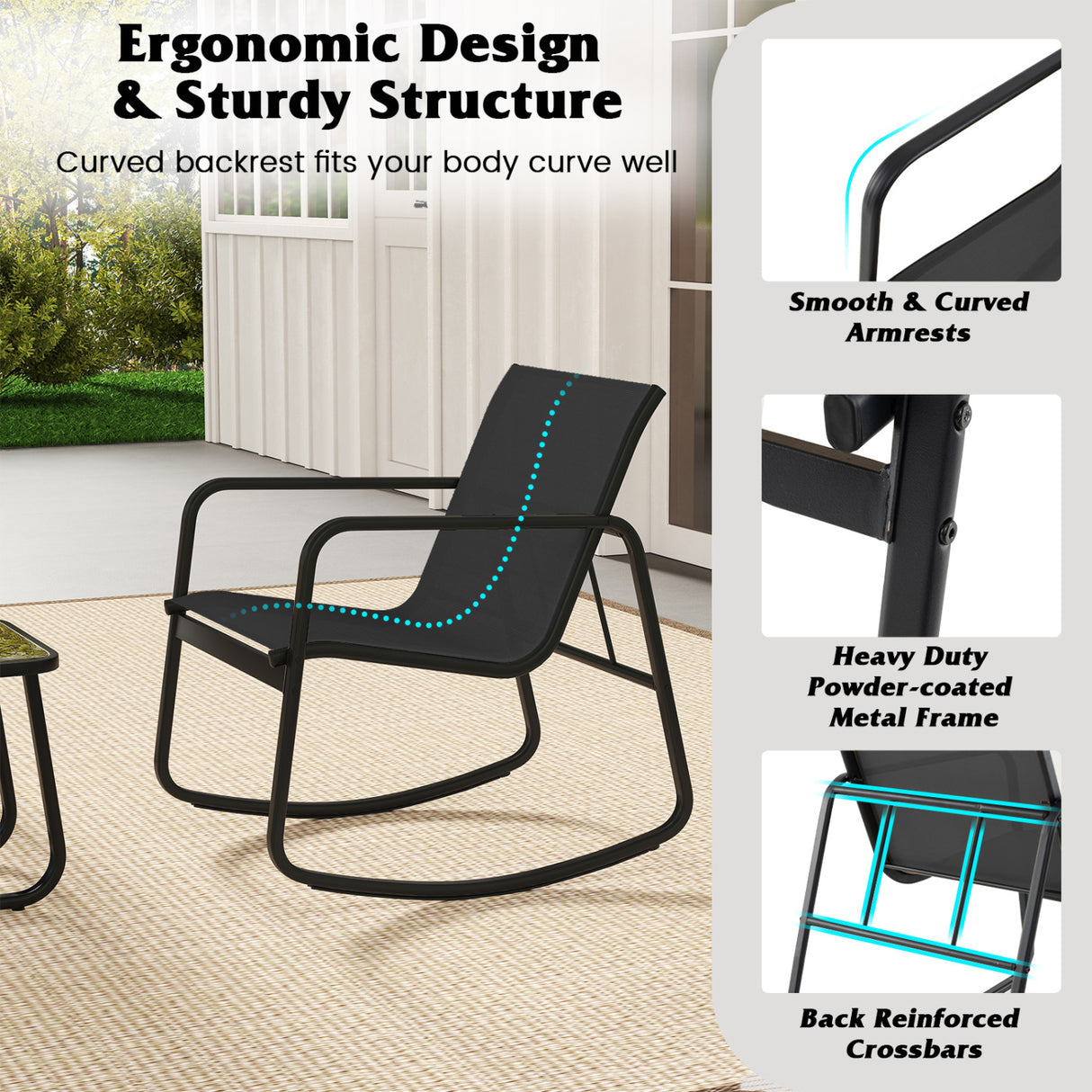 2 Rocking Bistro Chairs and Glass-Top Table for Porch Yard Balcony-Black