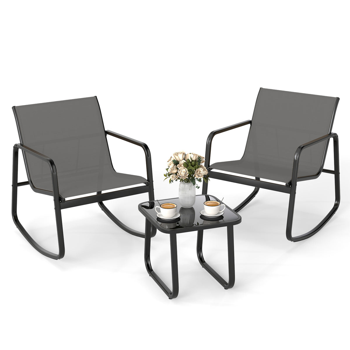 2 Rocking Bistro Chairs and Glass-Top Table for Porch Yard Balcony-Gray