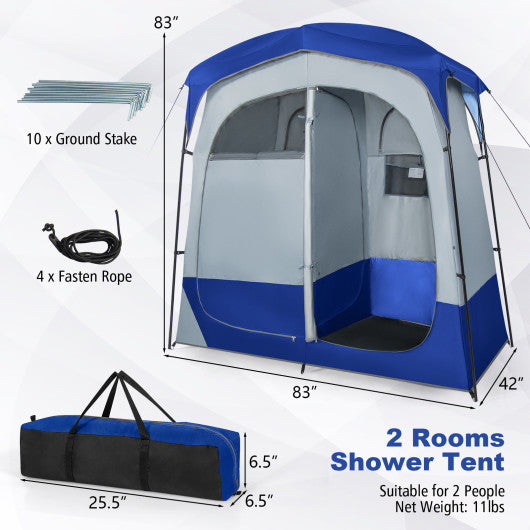 2 Rooms Oversize Privacy Shower Tent with Removable Rain Fly and Inside Pocket-Blue