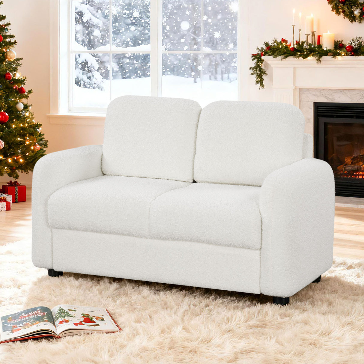 2-Seat Kids Sofa Toddler Sofa Couch with Soft Teddy Fleece Upholstery and Solid Wooden Frame-White