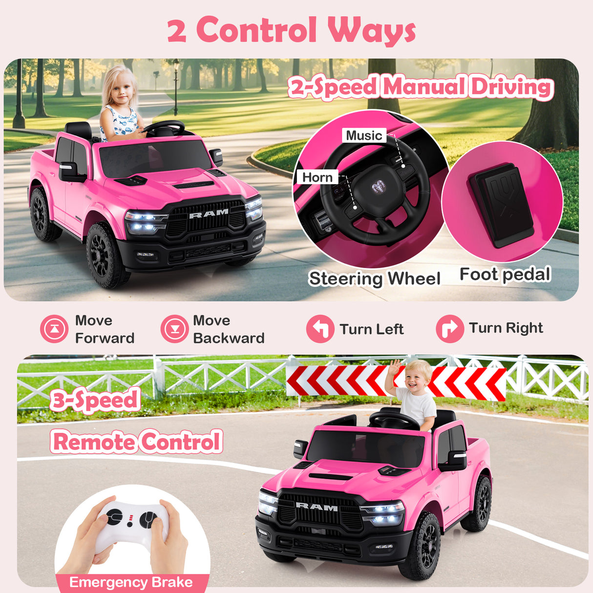 2 Seater 24V Ride on Toy for Big Kids Licensed Ram Truck with Remote and Music-Pink