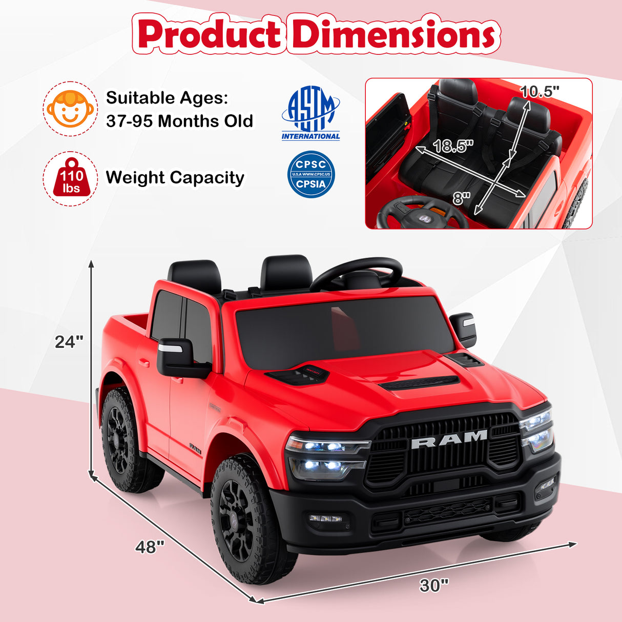 2 Seater 24V Ride on Toy for Big Kids Licensed Ram Truck with Remote and Music-Red