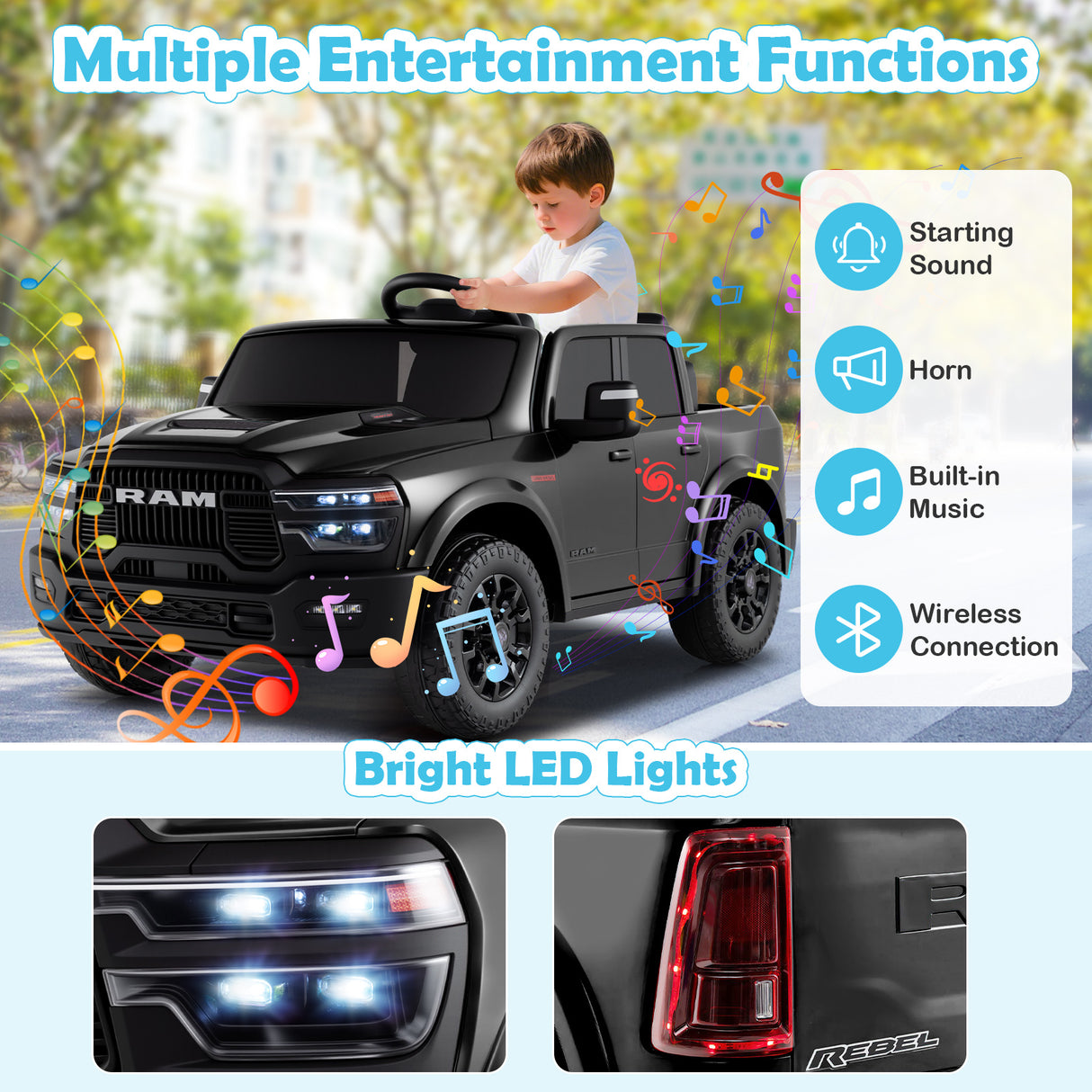 2 Seater 24V Ride on Toy for Big Kids Licensed Ram Truck with Remote and Music-Black