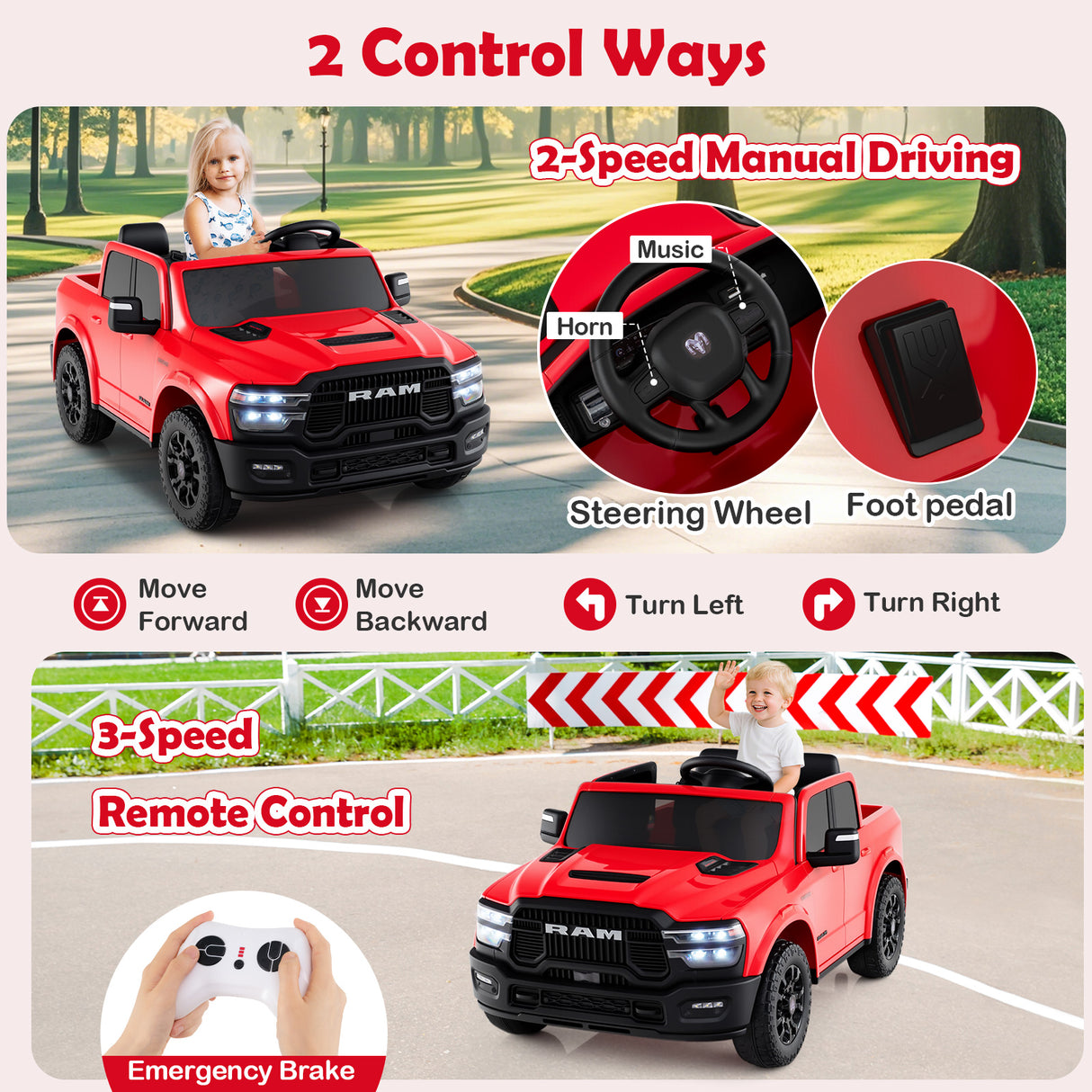 2 Seater 24V Ride on Toy for Big Kids Licensed Ram Truck with Remote and Music-Red