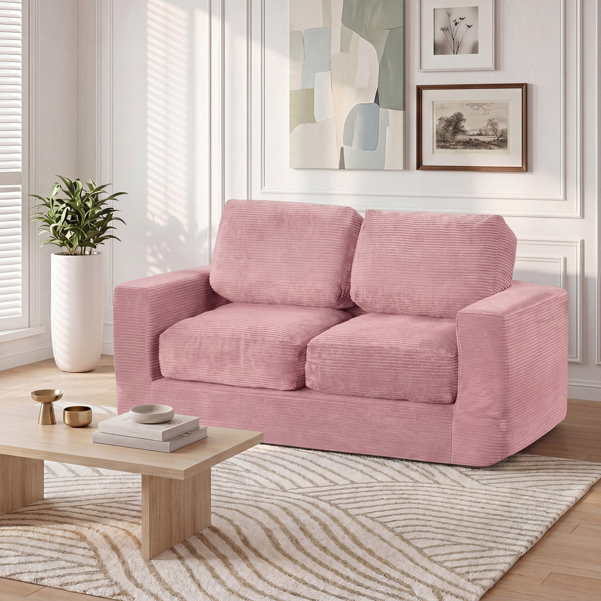 2-Seater Floor Couch Loveseat Foam Sofa with Removable Corduroy Cover-Pink
