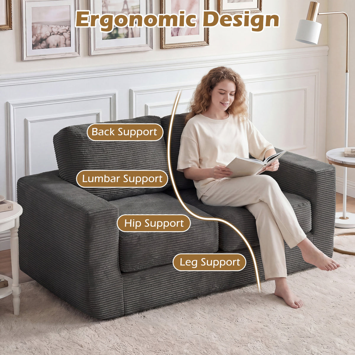 2-Seater Floor Couch Loveseat Foam Sofa with Removable Corduroy Cover-Black