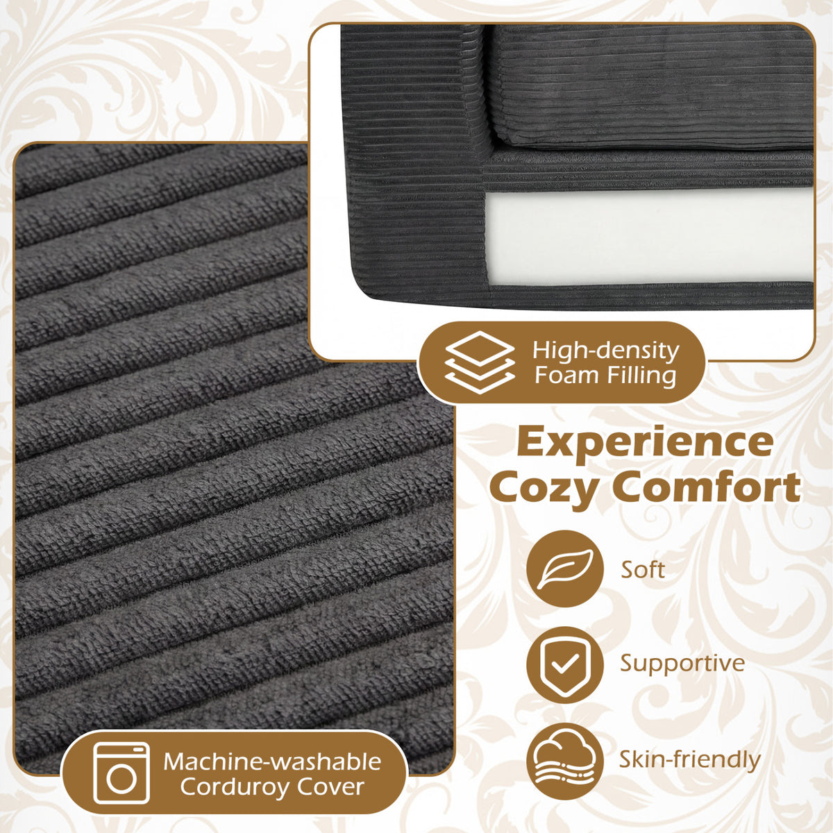2-Seater Floor Couch Loveseat Foam Sofa with Removable Corduroy Cover-Black