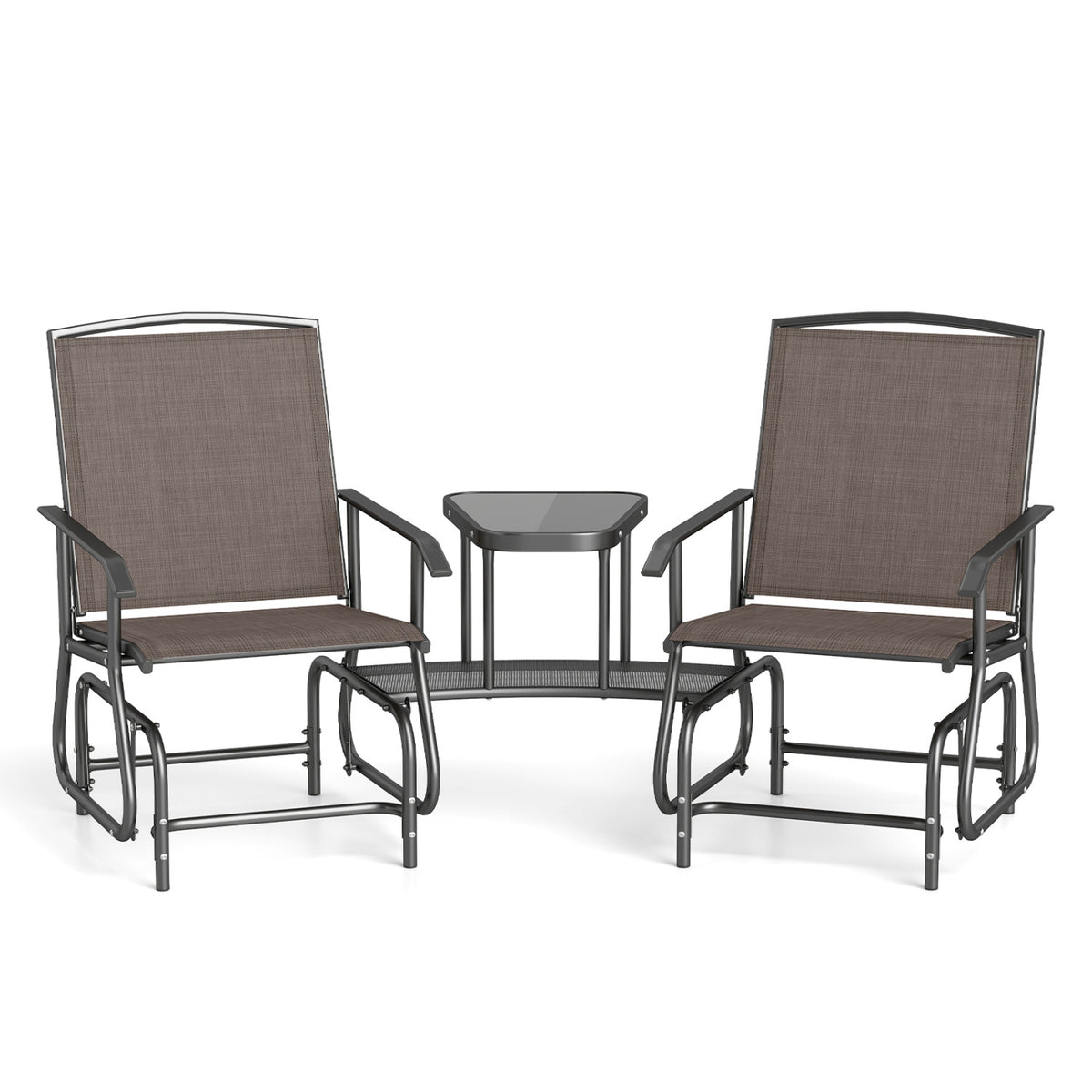 2-Seater Outdoor Glider Bench with 2-Tier Center Table-Brown