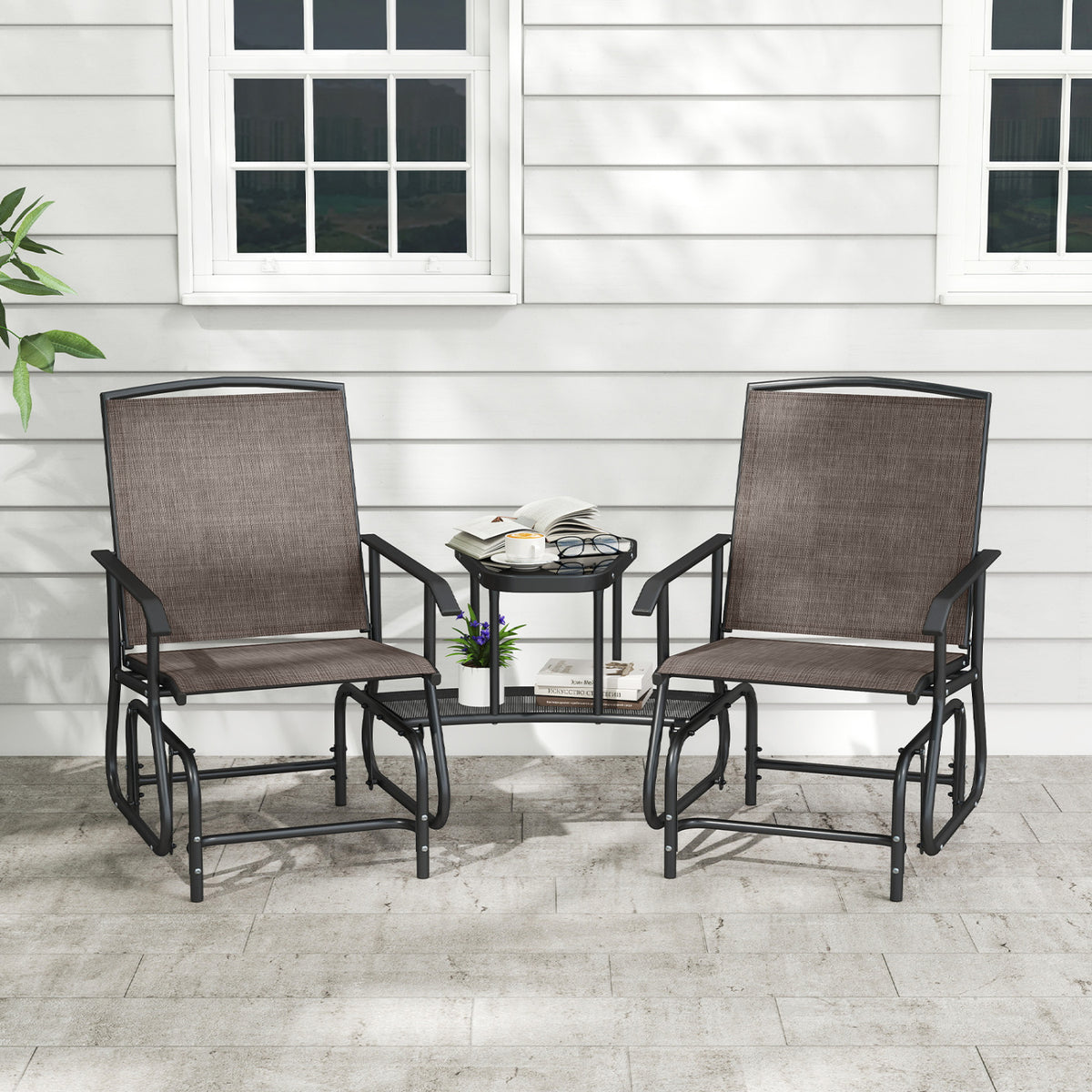 2-Seater Outdoor Glider Bench with 2-Tier Center Table-Brown