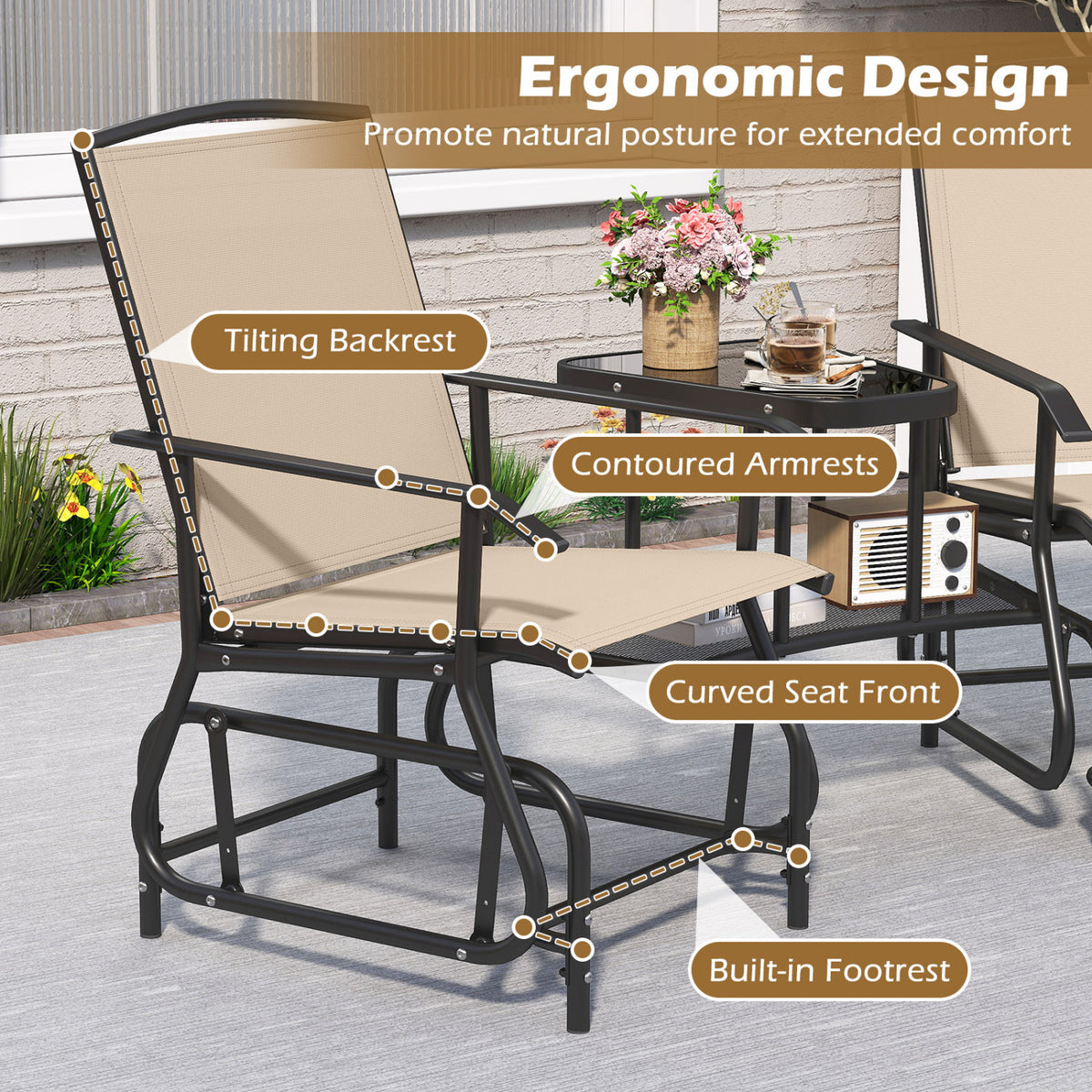 2-Seater Outdoor Glider Bench with 2-Tier Center Table-Beige