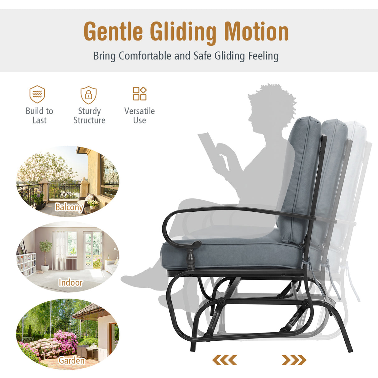 2 Seats Outdoor Swing Glider Chair with Comfortable Cushions-Gray