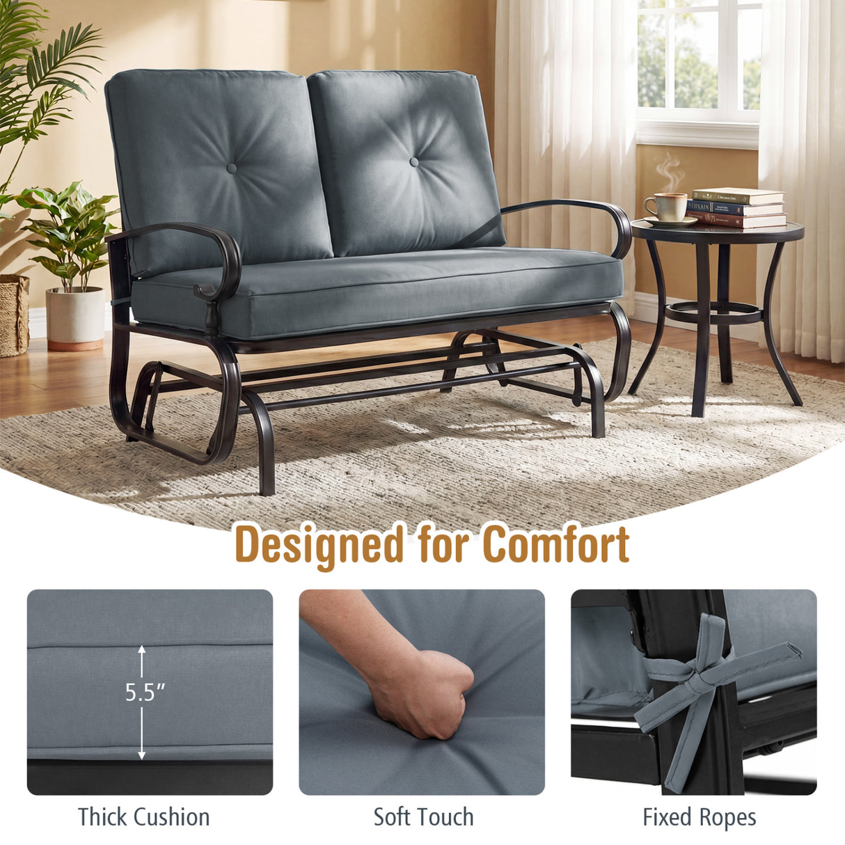 2 Seats Outdoor Swing Glider Chair with Comfortable Cushions-Gray