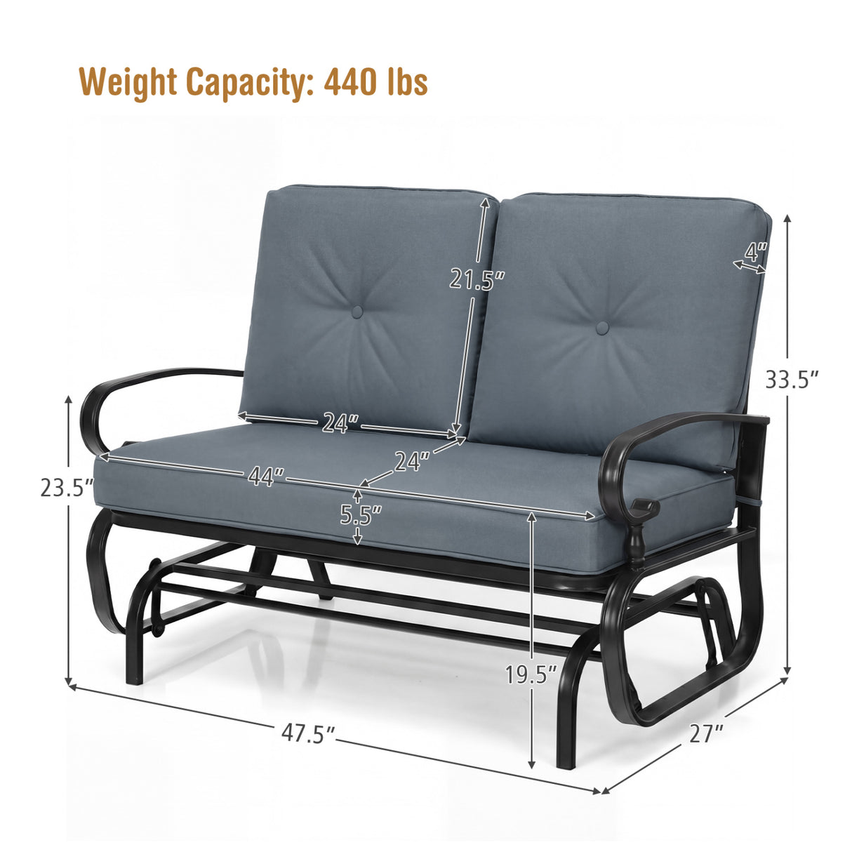 2 Seats Outdoor Swing Glider Chair with Comfortable Cushions-Gray
