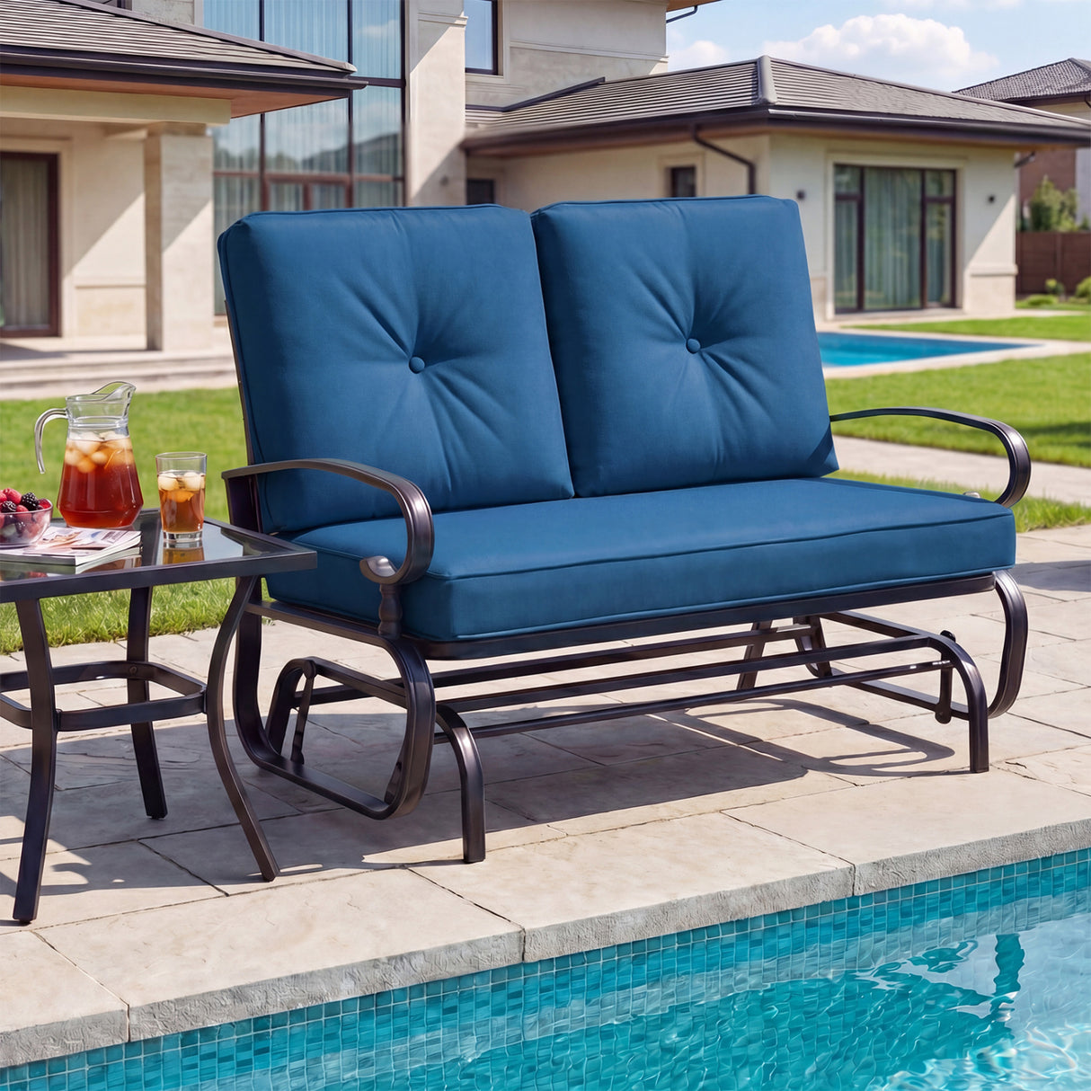2 Seats Outdoor Swing Glider Chair with Cushions-Navy