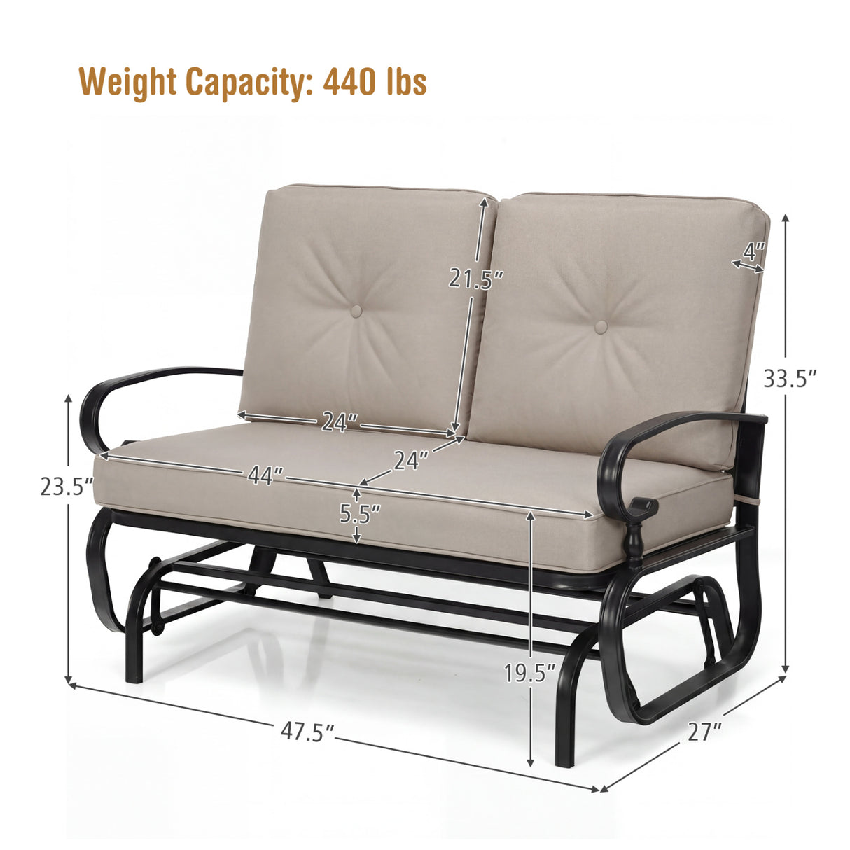 2 Seats Outdoor Swing Glider Chair with Comfortable Cushions-Beige