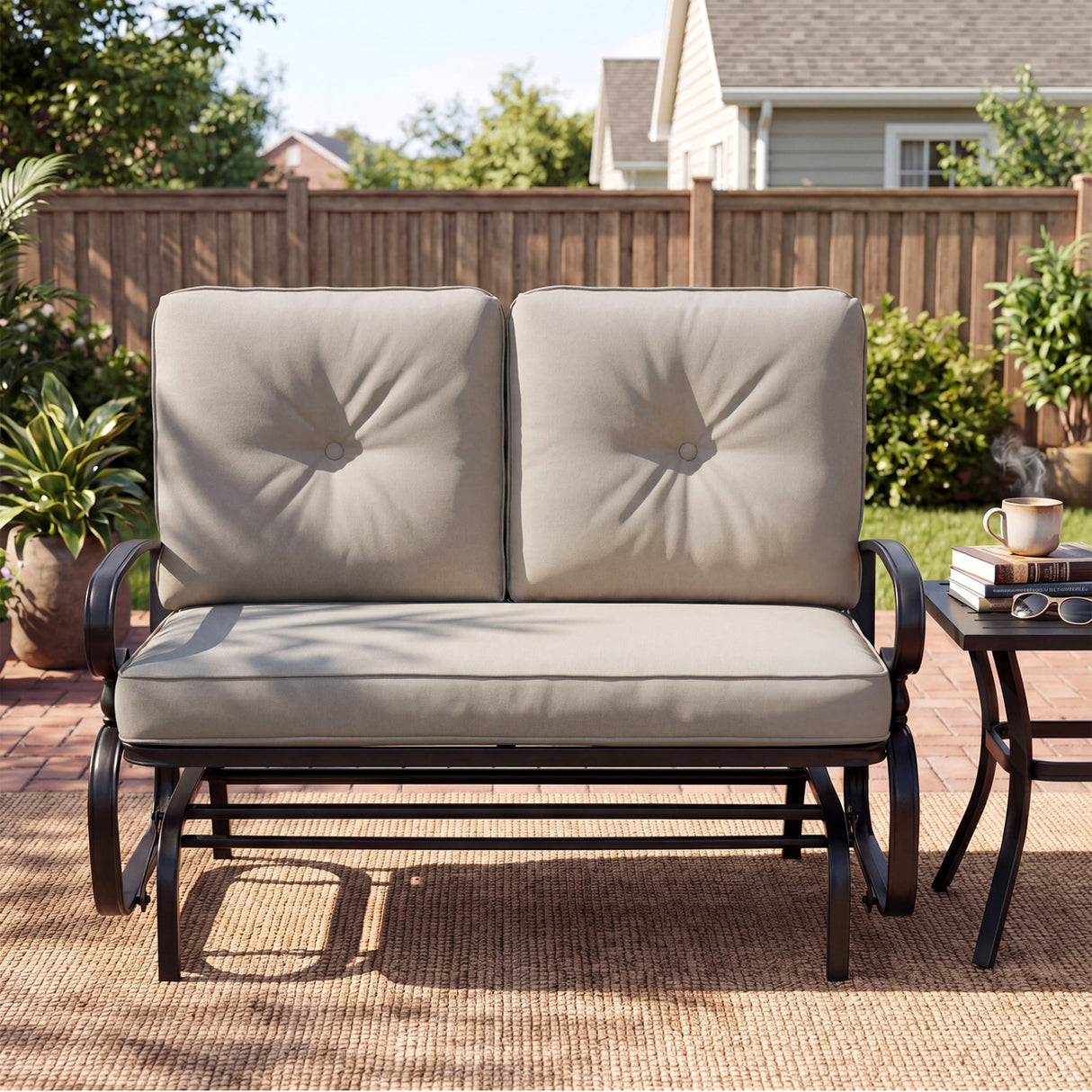 2 Seats Outdoor Swing Glider Chair with Comfortable Cushions-Beige