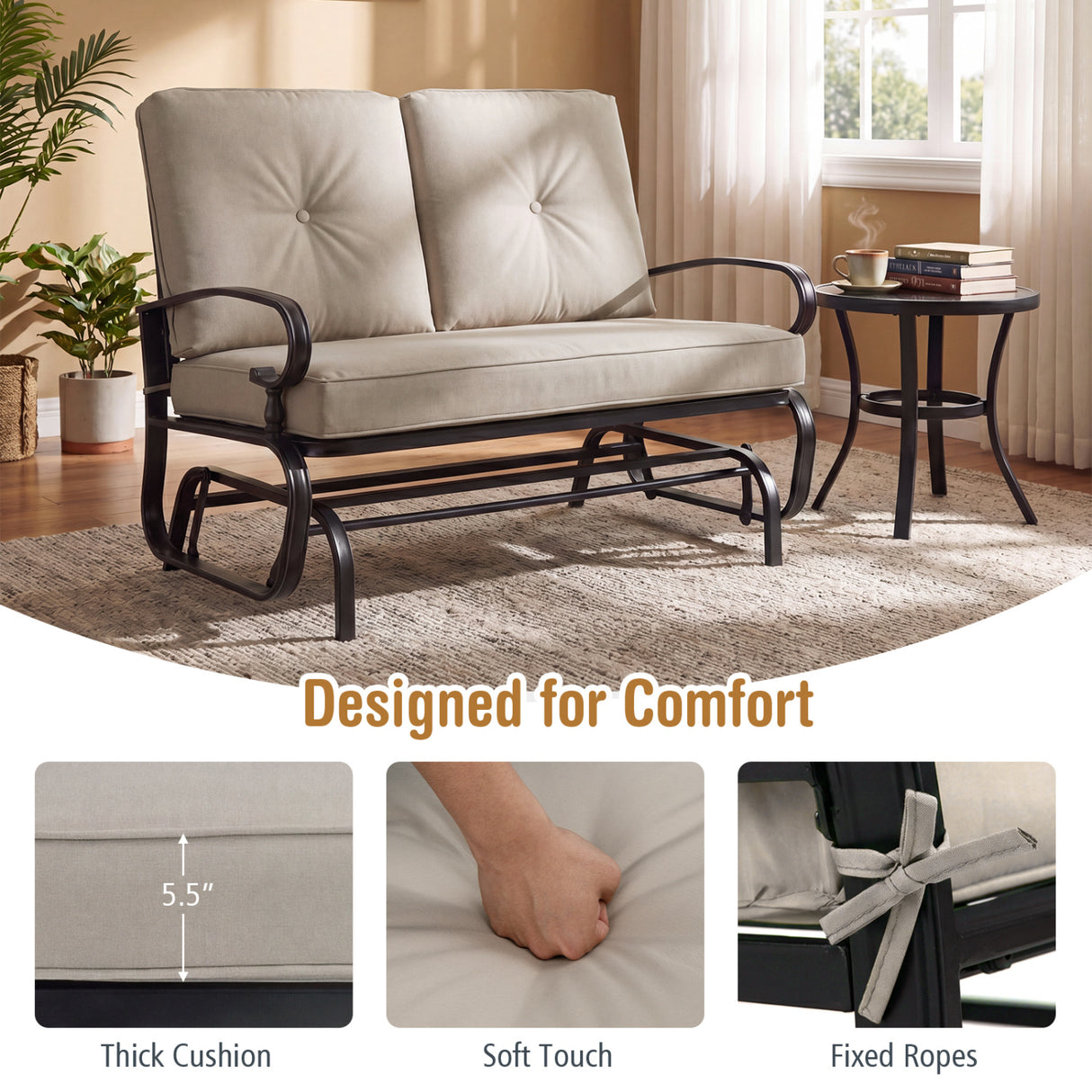 2 Seats Outdoor Swing Glider Chair with Comfortable Cushions-Beige