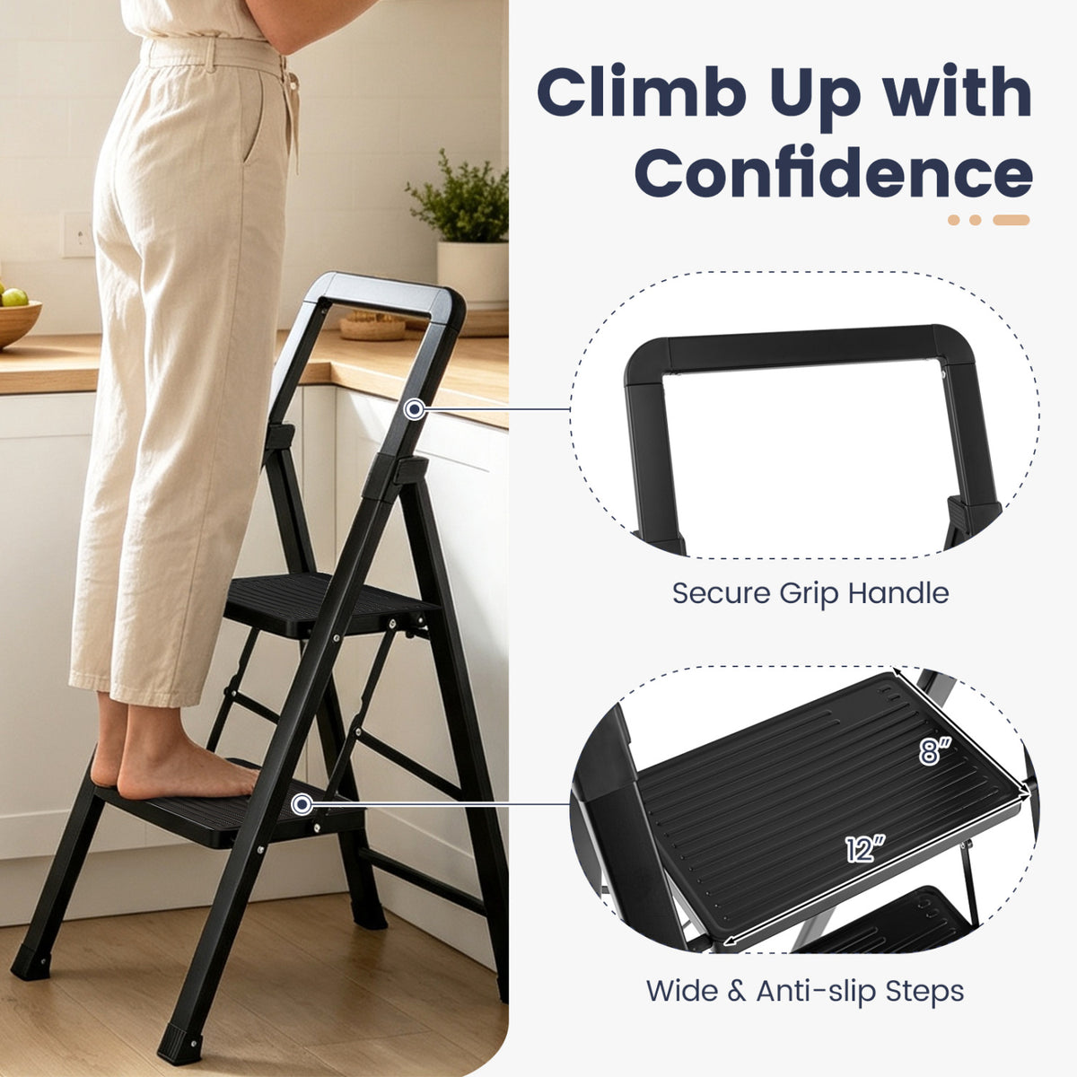 2 Step Black Folding Step Stool with Wide Anti-slip Pedals