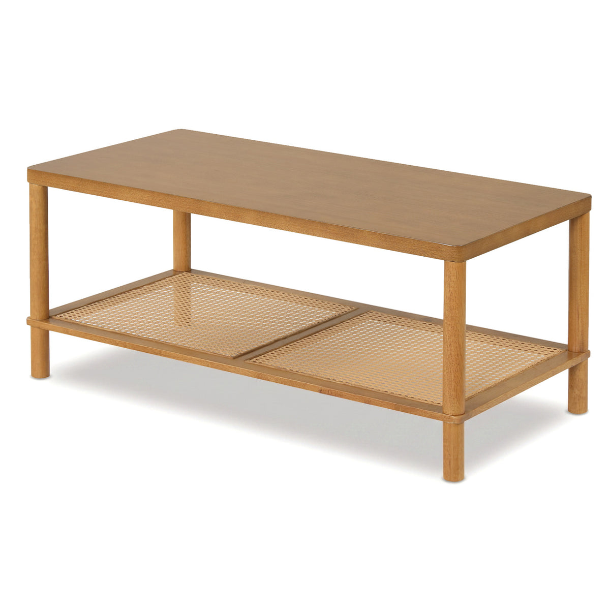 2-Tier Boho Coffee Table for Living Room Rectangular Center Table with Rubber Wood Frame and PVC Rattan Storage Shelf-Rustic Brown