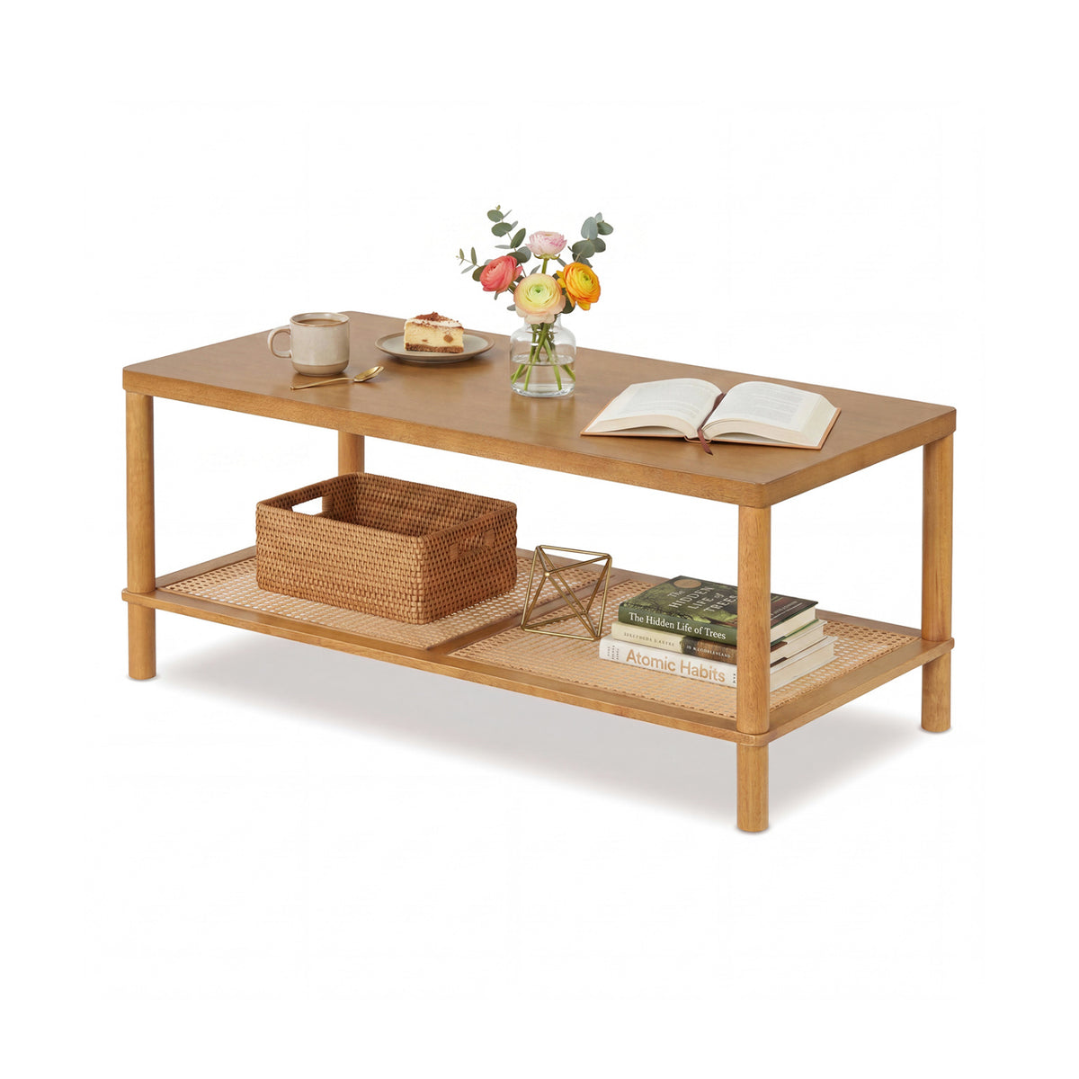 2-Tier Boho Coffee Table for Living Room Rectangular Center Table with Rubber Wood Frame and PVC Rattan Storage Shelf-Rustic Brown