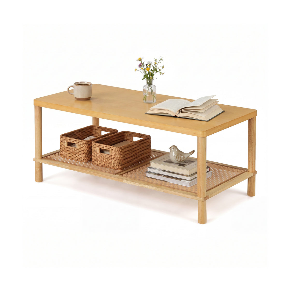 2-Tier Boho Coffee Table for Living Room Rectangular Center Table with Rubber Wood Frame and PVC Rattan Storage Shelf-Natural