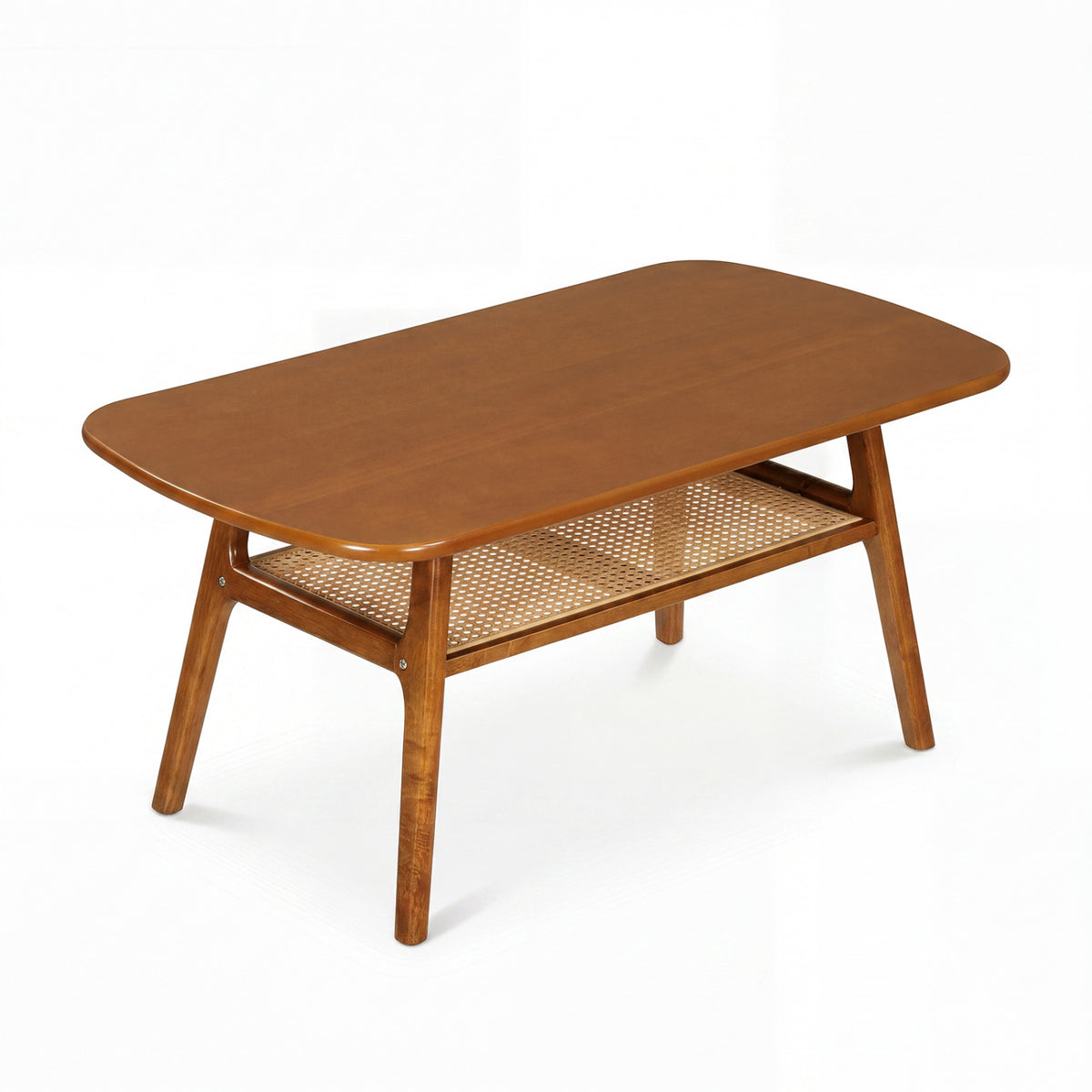 2-Tier Boho Rattan Coffee Table with Rounded Corners-Walnut