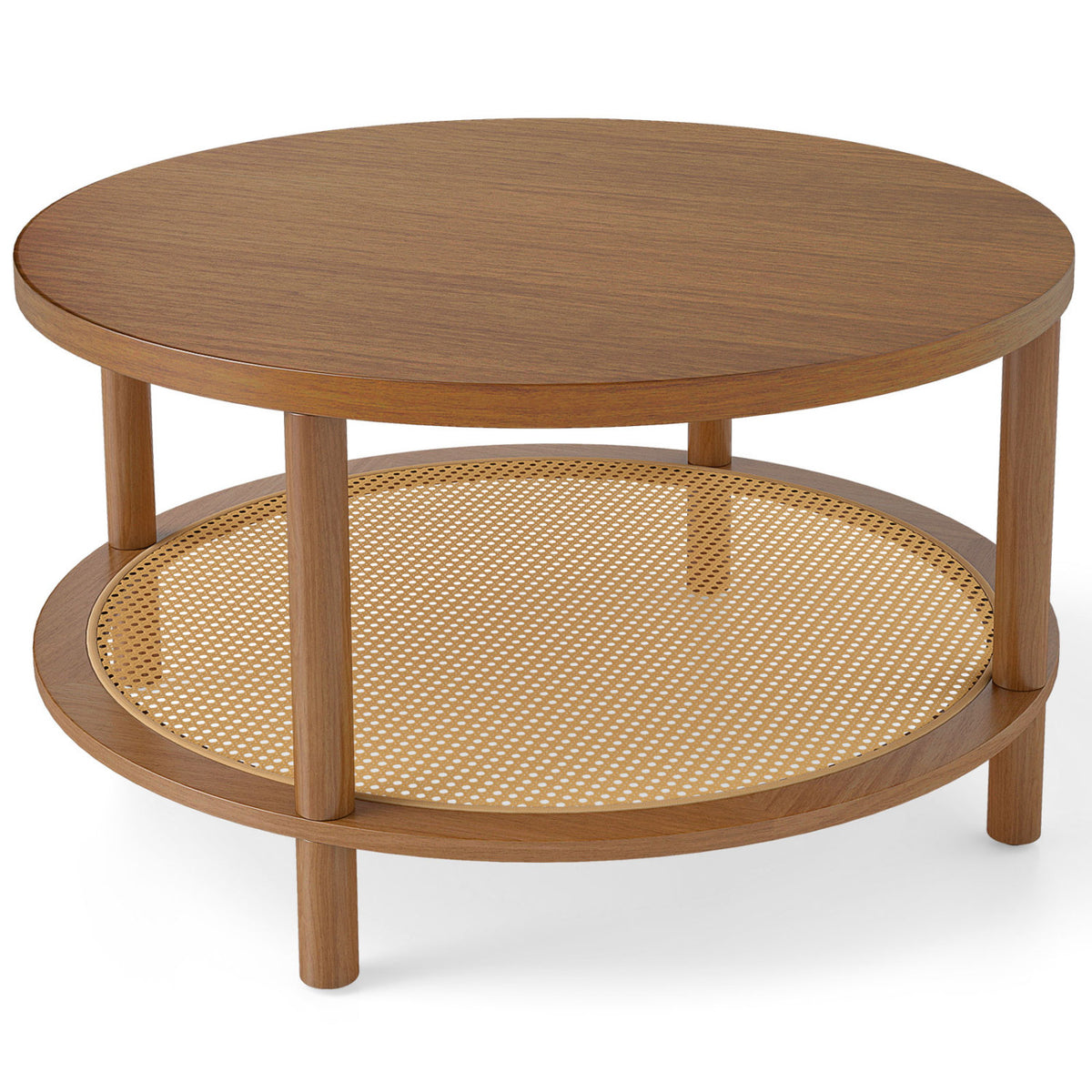 2-Tier Boho Round Rattan Coffee Table with Storage Shelf-Walnut