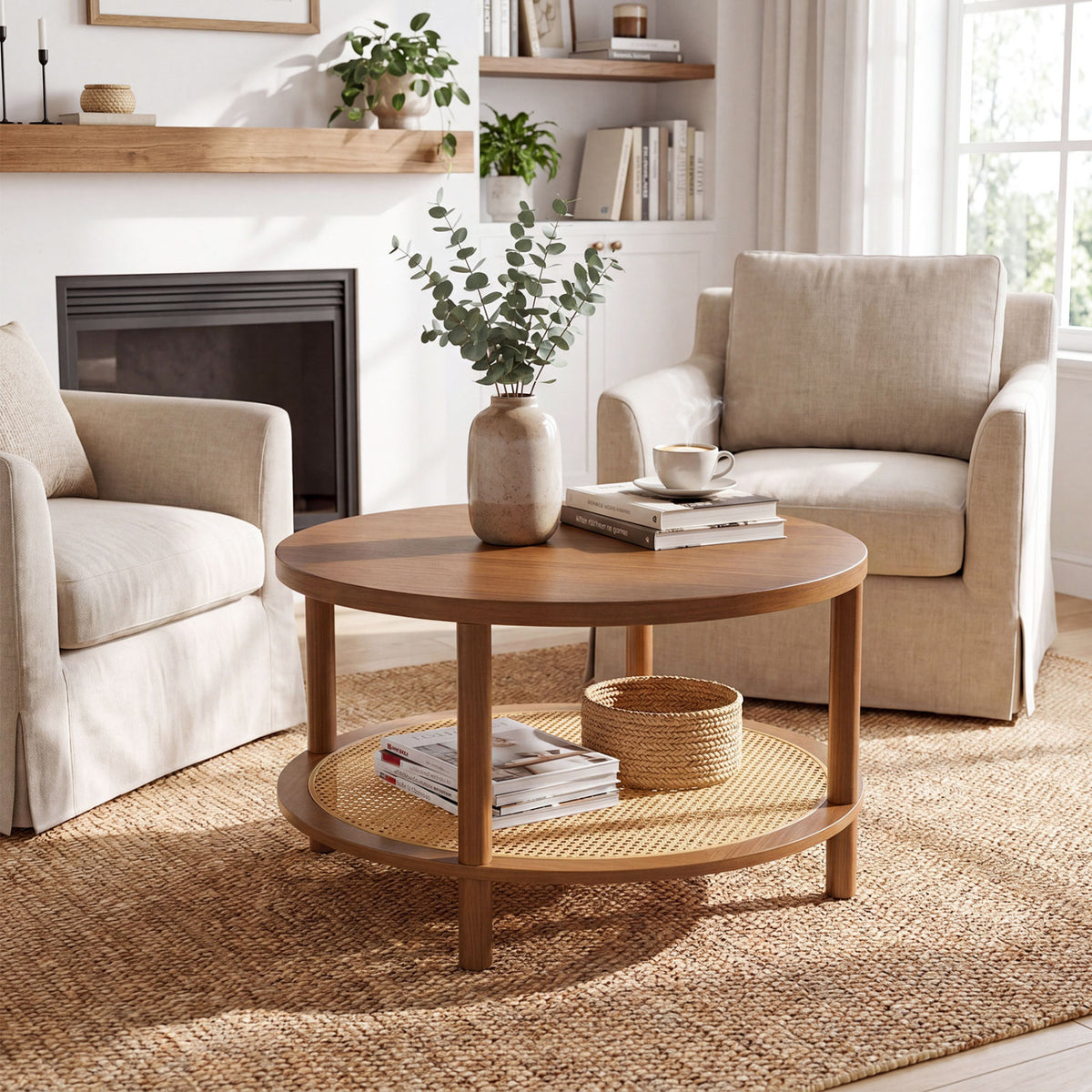 2-Tier Boho Round Rattan Coffee Table with Storage Shelf-Walnut