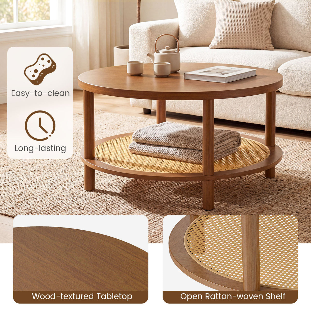 2-Tier Boho Round Rattan Coffee Table with Storage Shelf-Walnut