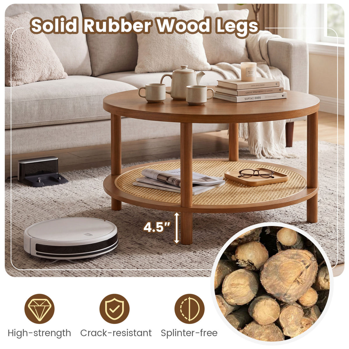 2-Tier Boho Round Rattan Coffee Table with Storage Shelf-Walnut